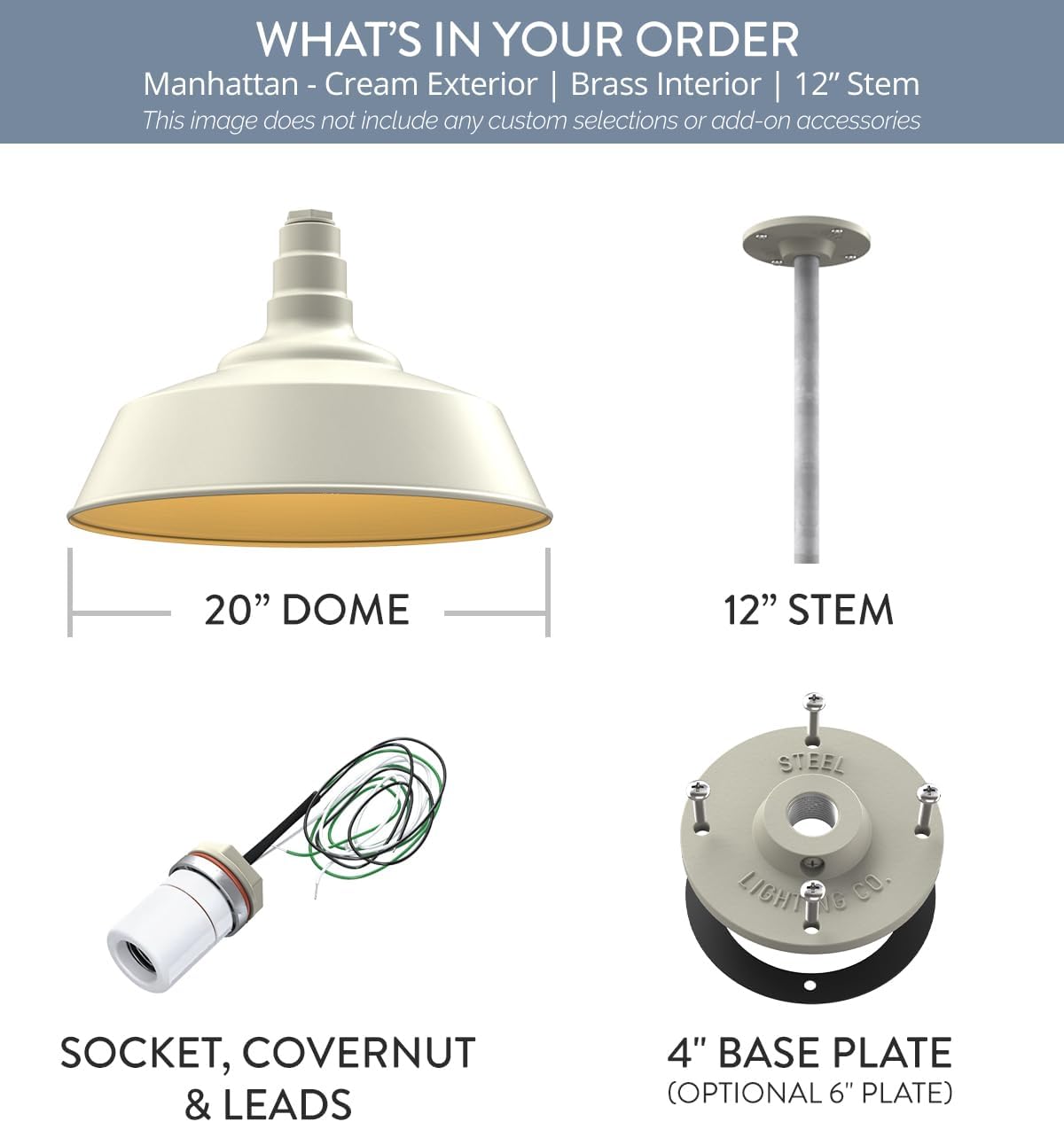 Steel Lighting Co. Manhattan Warehouse Light | Ceiling Mounted Pendant | 20 inch Dome | 12" Galvanized Stem | Large Steel Barn Light Made in America | Cream Exterior/Brass Interior