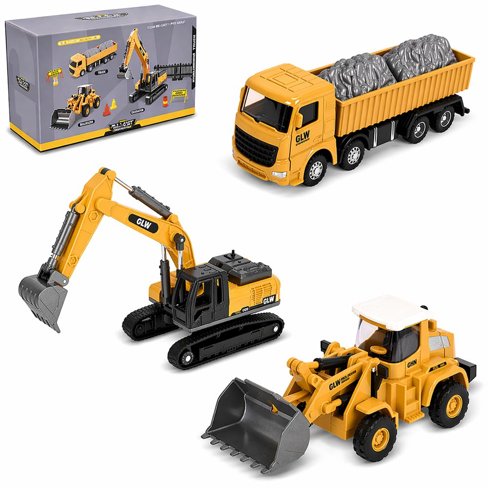 Unimoly Alloy Mini Construction Vehicles, 3Pcs Die-cast Metal Toy Set with Pull Back Action - Excavator, Dump Truck, Bulldozer for Toddlers & Kids 3 4 5 6 7 Years Old Boys Toys