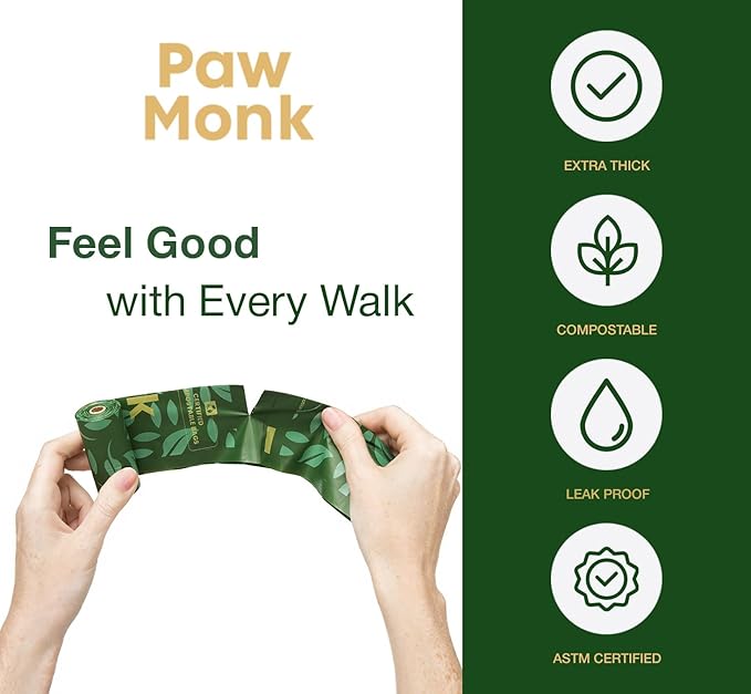 Paw Monk Heavy Duty Certified Home Compostable Dog Poop Bags Rolls – 20 Micron Extra Thick & Leakproof, Easy Open – 120 Count Unscented Plant Based Pet Waste Bags