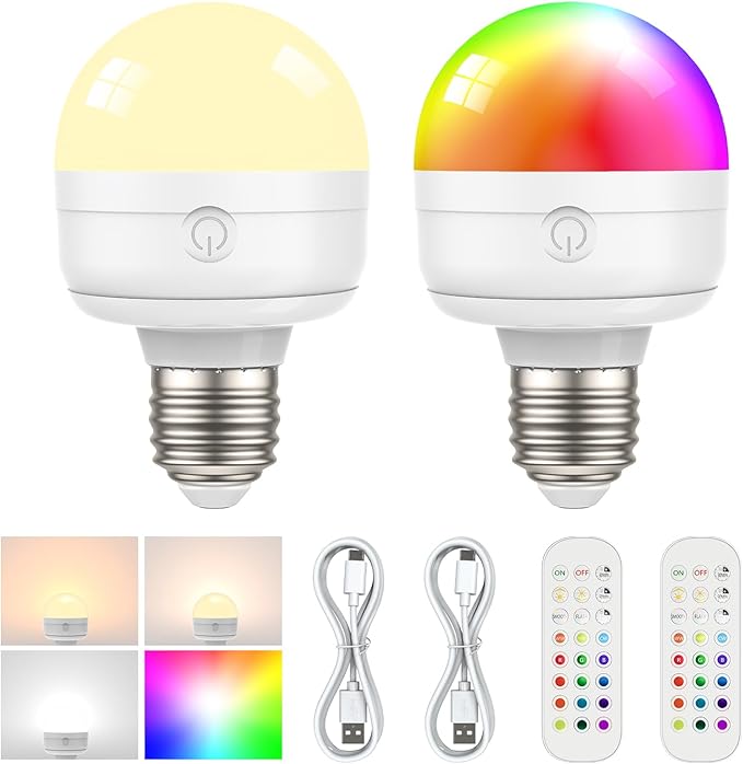 2Packs E26 Rechargeable Light Bulbs with Remote, 6W 450lm Battery Operated Magnetic Light Bulbs 2500mAh, 15 RGB Color, Timer, Dimmer for Non-Hardwired Lamp