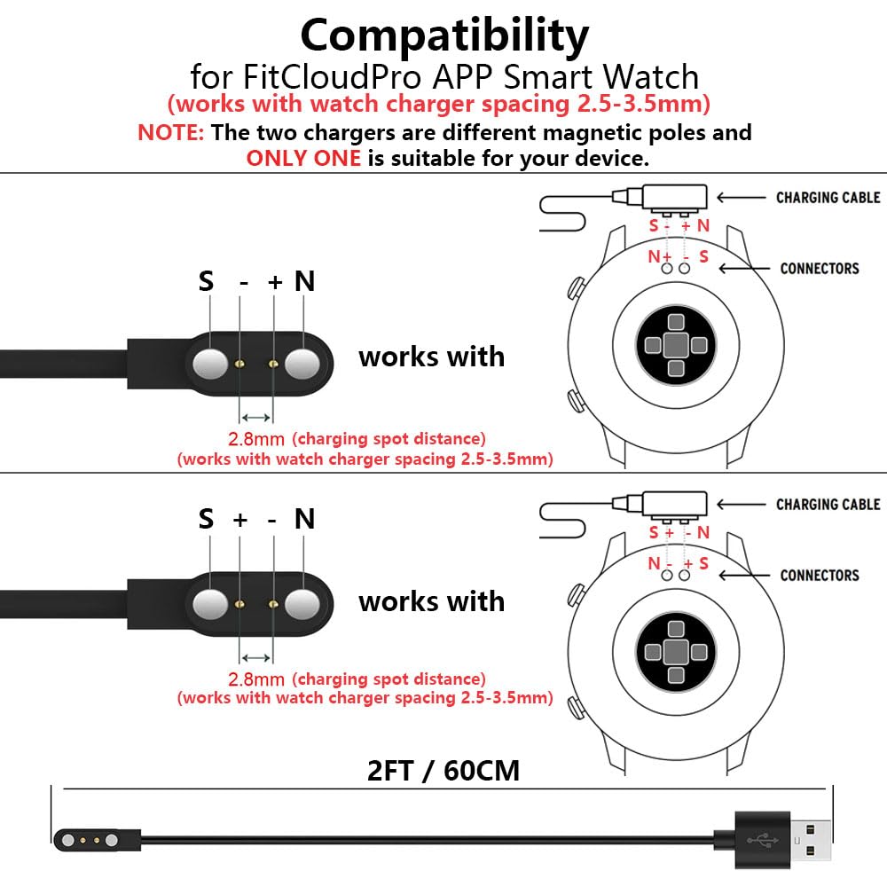 2 Pin Chargers For Fitcloudpro Smart Watch Cord, 2-Pack [Model A & Model B, Only One Fit] 2.8Mm Magnetic Usb Charging Cable For