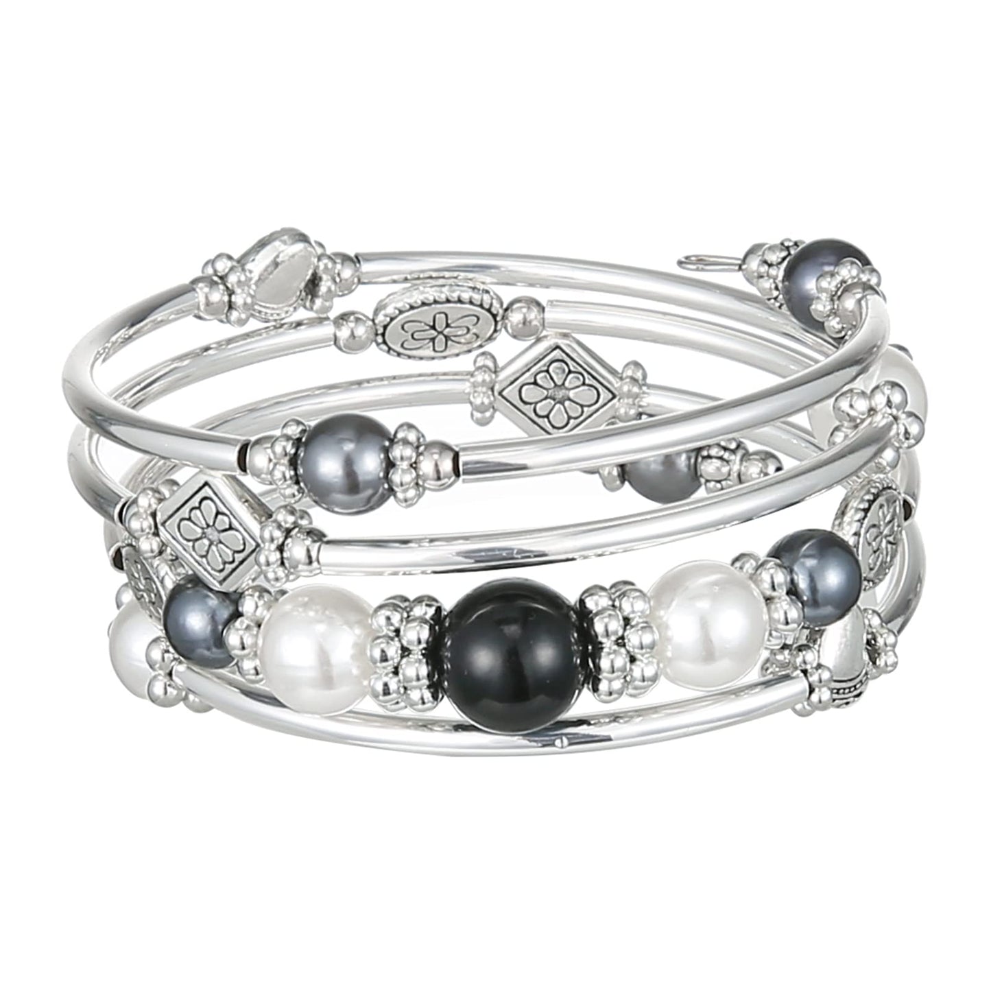 FULU AUTUMN Beaded Pearl Bangle Bracelets for Women Silver Wrap Bangles Bracelet Womens Costume Jewelry Fashion Gift(18-Black)