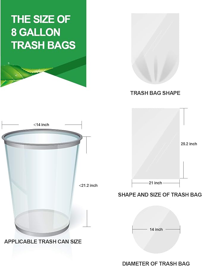 FORID Clear Trash Bags, 8 Gallon Garbage Bags, Wastebasket Bin Liners 220 Count Plastic Trash Bags for Bathroom Bedroom Office Garbage Can 30 Liters - Durable & Thick Trash Bag - Medium
