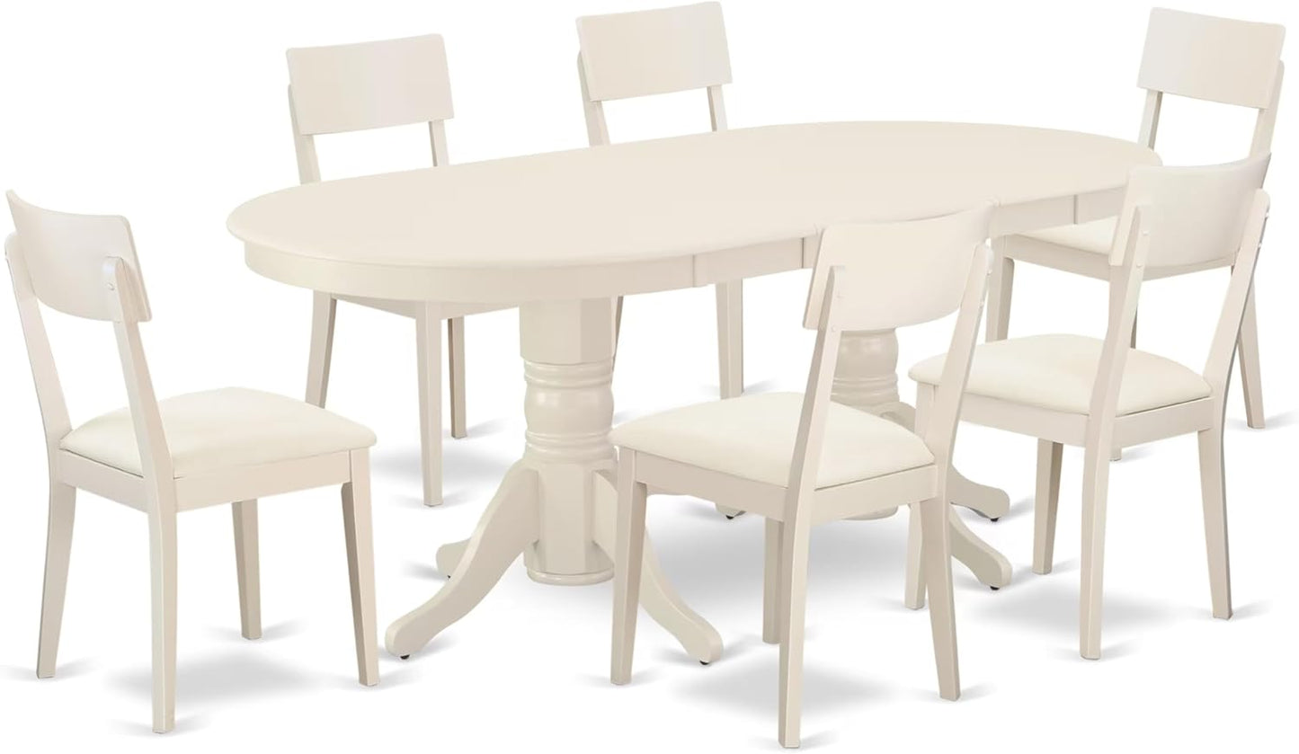 East West Furniture VAAD7-LWH-LC 7 Piece Dinette Set Consist of an Oval Dining Room Table with Butterfly Leaf and 6 Faux Leather Upholstered Dining Chairs, 40x76 Inch, Linen White