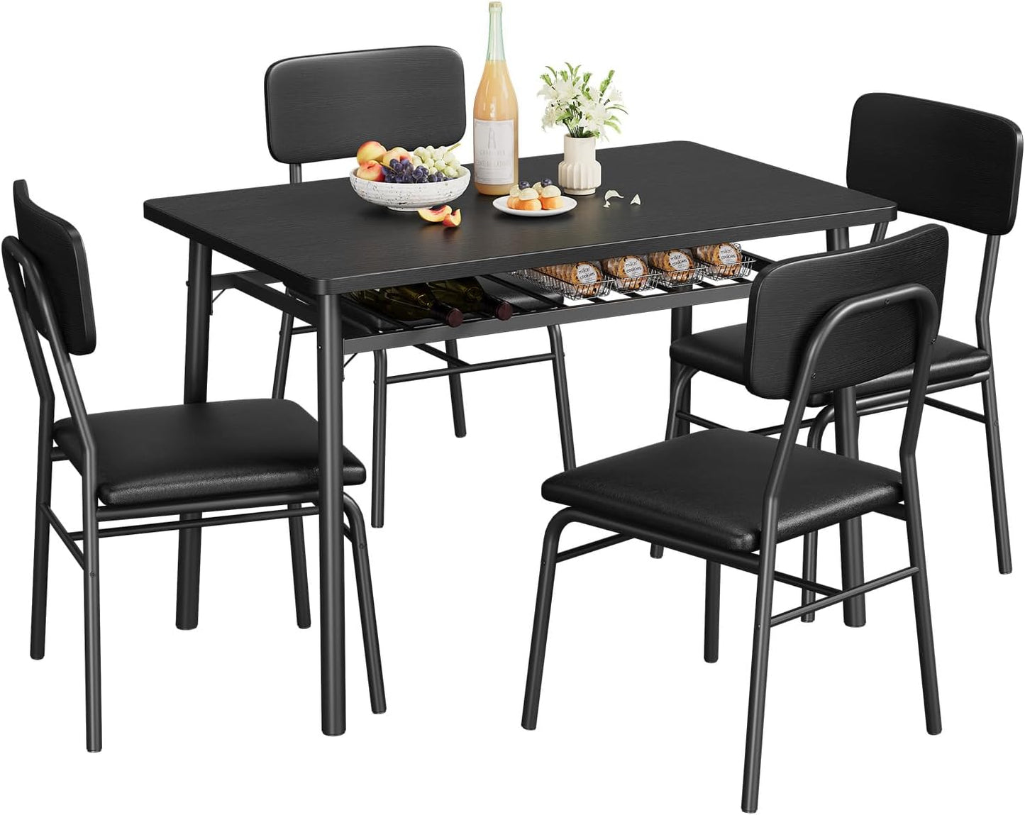 GAOMON 5-Piece Dining Table Set for 4, Wood Kitchen with Built-in Storage Rack,Small Kitchen Table with Upholstered Chairs and Metal Frame for Small Spaces, Black
