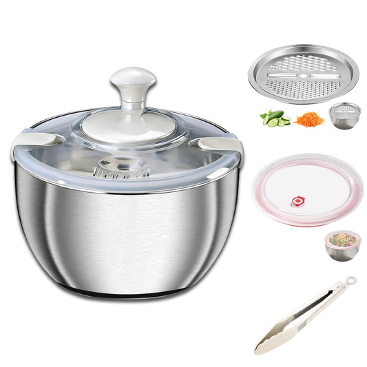 Large Salad Spinner with Storage Lid，5.29QT Stainless Steel Spin Dry Salad Greens Fruit Washing Bowl with Strainer Vegetable Cleaner washer Lettuce Spinner with slicer and julienne cutter