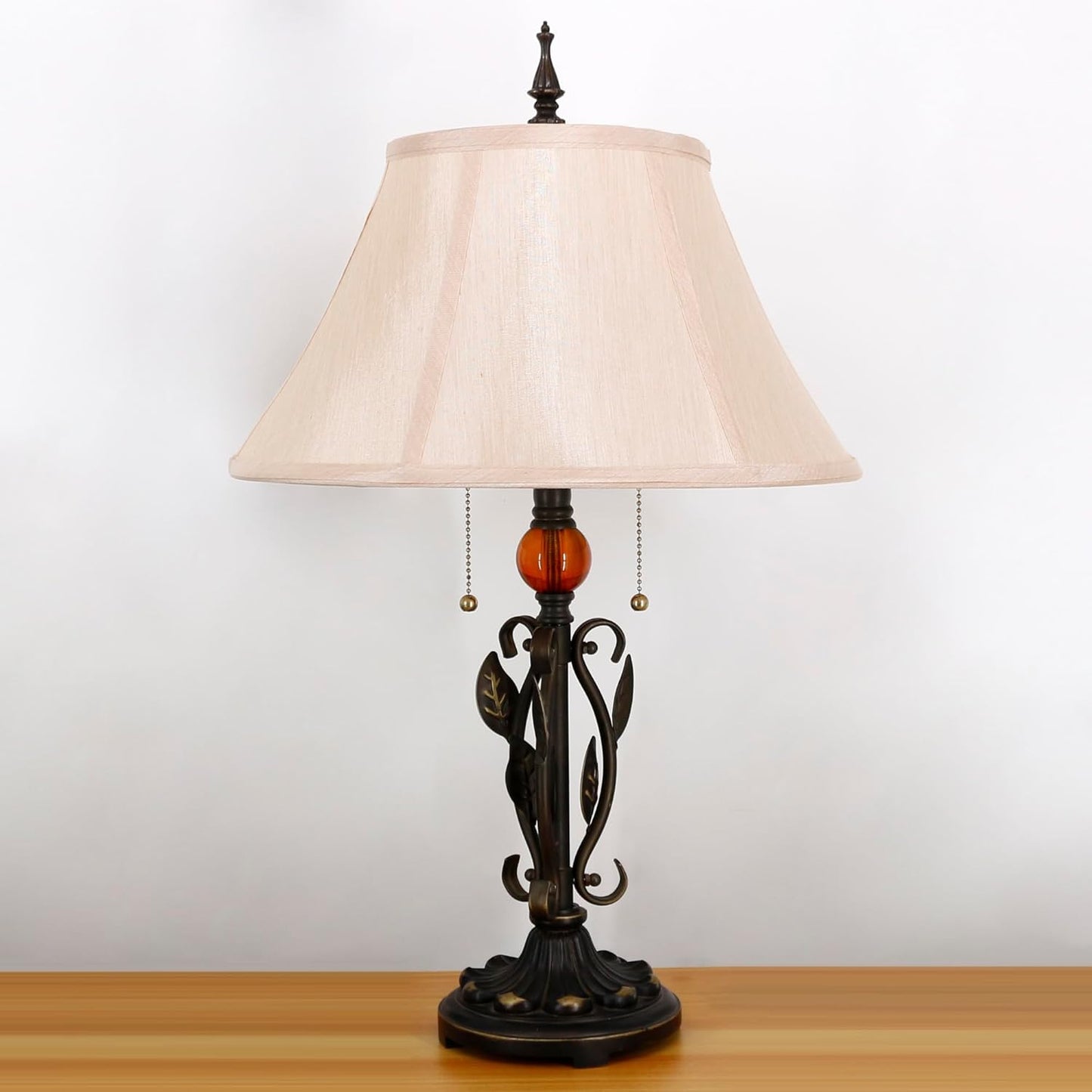 Table Lamp Mid-Century White Fabric Desk Reading Light with Antique Resin Metal Leaf Base 25 Inch Tall Decor for Living Room Office Bedroom