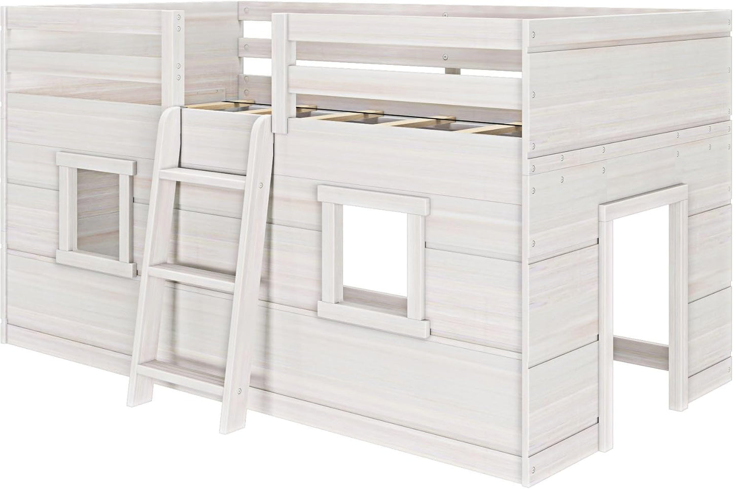 Max & Lily Modern Farmhouse Twin Low Loft Bed with Two Windows - Solid Wood, 15” Guardrails, 400-lb Capacity, Low-VOC Finish, White Wash
