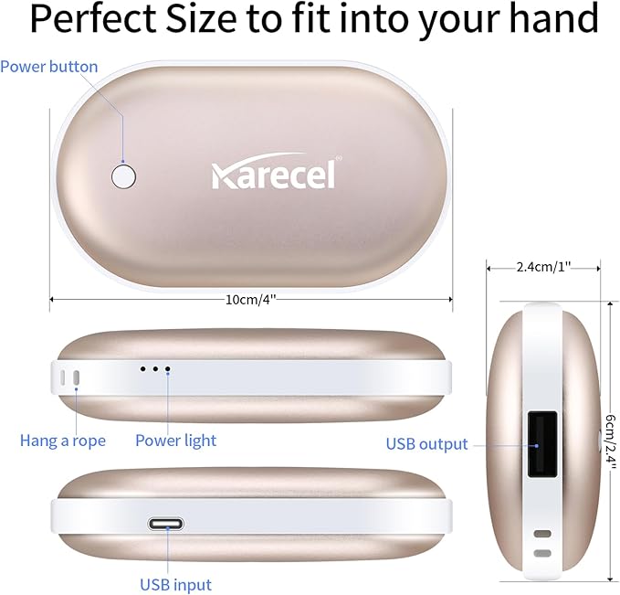 Karecel Rechargeable Hand Warmer, 5200mAh Double-Sided Instant Heating Electric Hand Warmer Power Bank, Up to 11Hrs, USB Portable Handwarmer Pocket Heater, Tech Gifts for Men Women, Winter Essentials