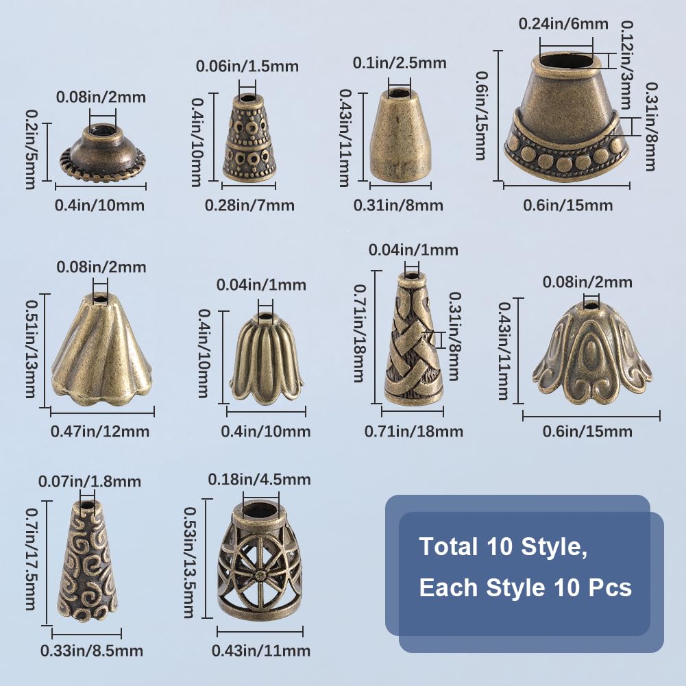 SOFPLATE 100Pcs 10 Styles Flower Bead Caps Cone Bead Spacers Tibetan Style Antique Bronze Flowers Tassel End Caps Supplies for Jewelry Making Women DIY Crafting Findings Earrings Accessories