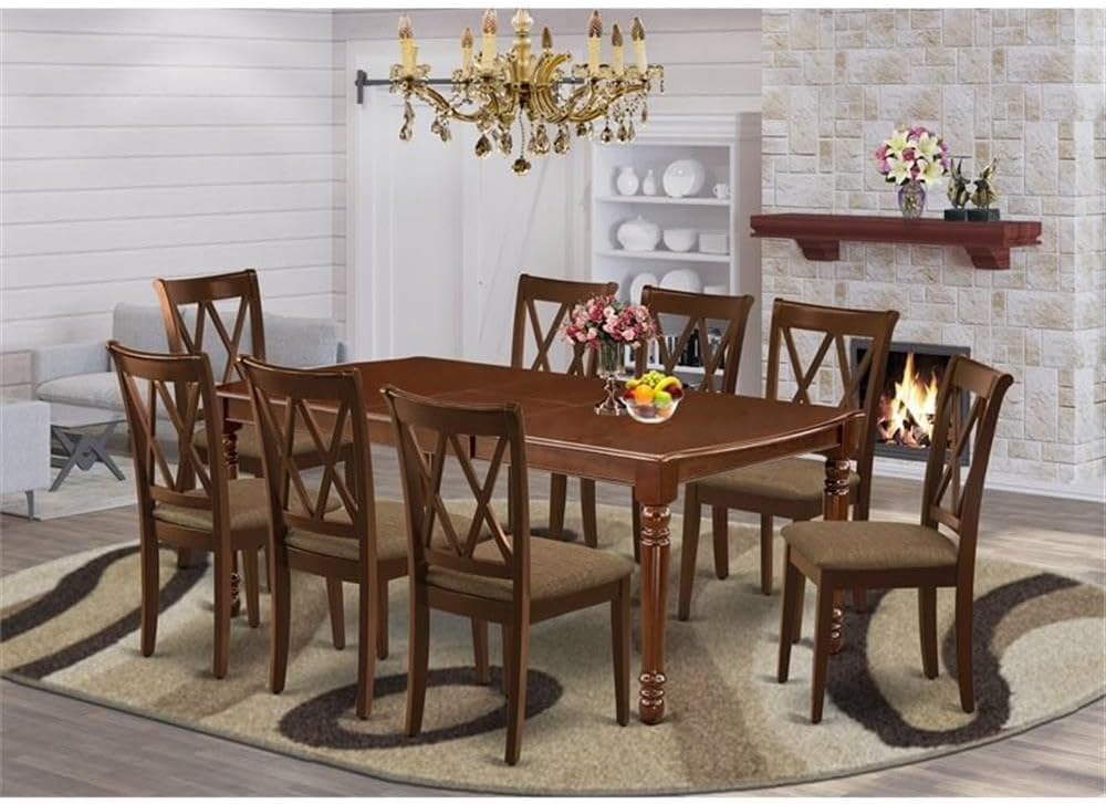 East West Furniture DOCL9-MAH-C 9 Piece Kitchen Table & Chairs Set Includes a Rectangle Dining Table with Butterfly Leaf and 8 Linen Fabric Dining Room Chairs, 42x78 Inch, Mahogany