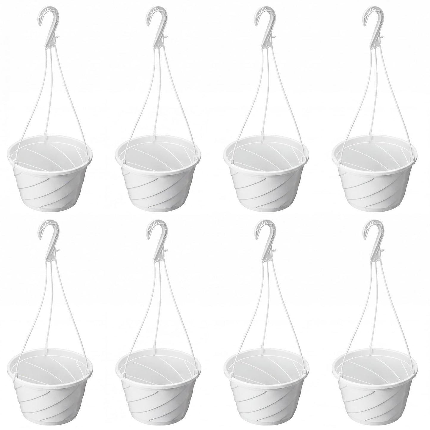 Romooa 8 Pcs 10 Inch Modern Euro Swirl Hanging Planter Uv-Resistant Plastic Hanging Basket Smart Drainage Lightweight Indoor Outdoor Flower Pots for Garden Porch Balcony Patio Home Decor (White)