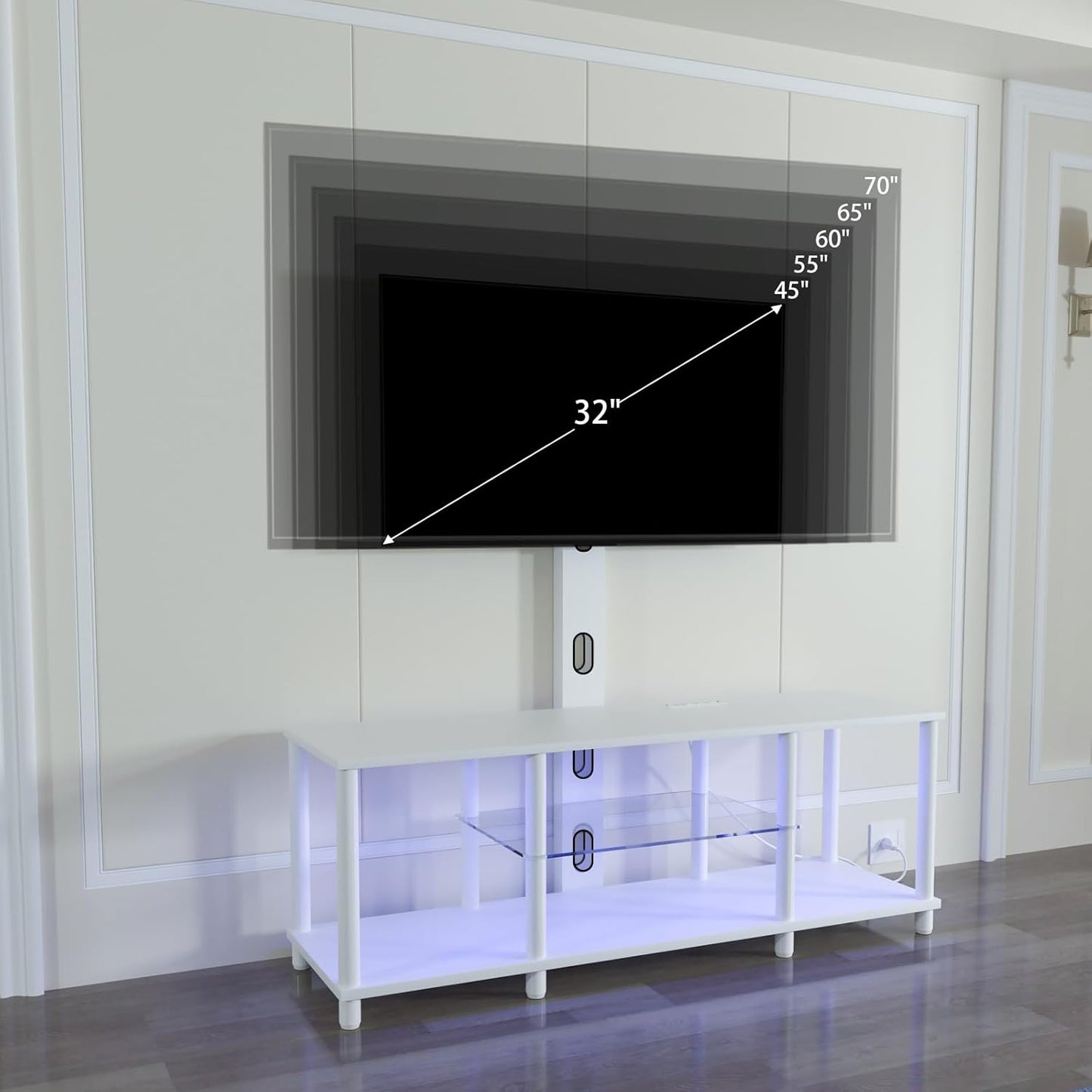 TV Stand with Mount and Led Light，White TV Stand with Power Outlets for 32/40/43/50/55/60/65/70 Inch TV,Entertainment Center with Open Storage Shelf for Bedroom/Living Room/Office