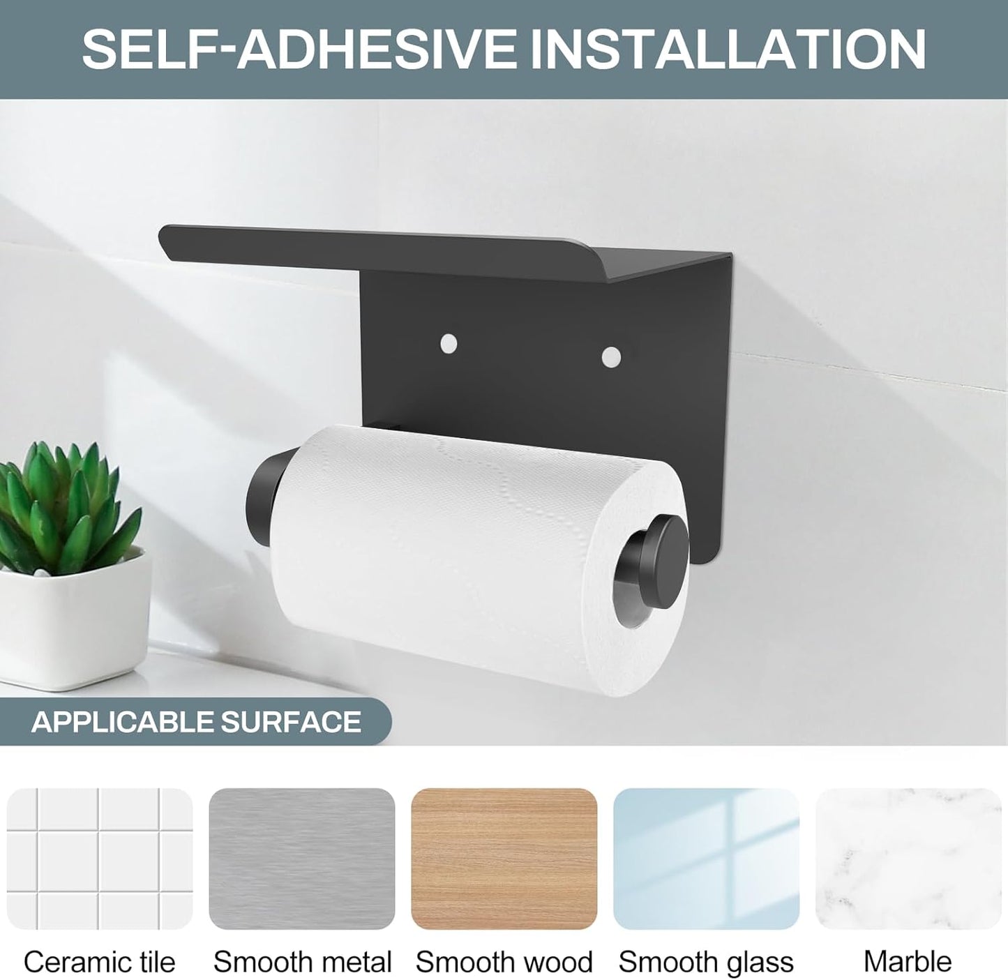SetSail Toilet Paper Holder with Shelf Adhesive or Screw-in Bathroom Toilet Paper Roll Holders Wall Mount Matte Black Tissue Holder for Bathroom Hardware Accessories, 2 Packs