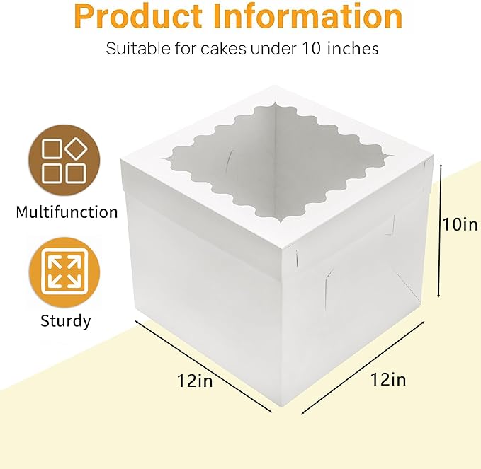 4pcs 12 Inch Tall Cake Boxes, 12x12x10in White Bakery Boxes for Tier Cakes with Window,10in 12in Baking Boxes,Large Cardboard Bakery Take Out Carrier Containers with Lids