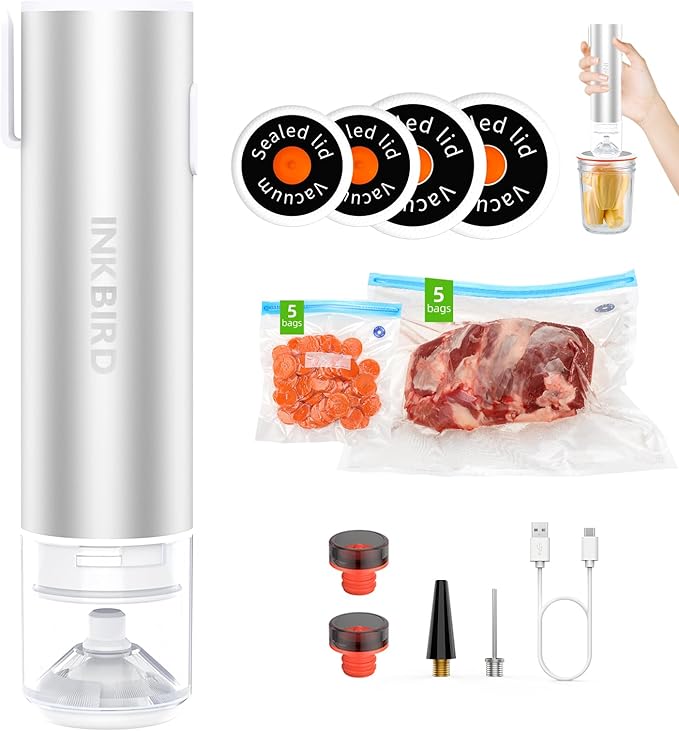 INKBIRD Compact Vacuum Sealer for Food, 6-In-1 Powerful Handheld Vacuum Sealer Machine+10 Reusable Sous Vide Bags+ 4 Reusable Jar Lids, Seal Meal 10X Fresh, Wireless & Portable & Rechargeable