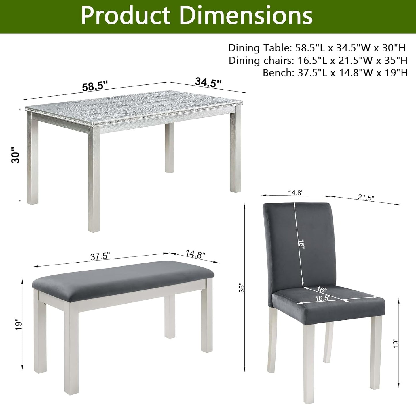 KEIKI 6-Piece Standard Height Dining Table Set with Rectangular Table, 4 Upholstered Chair, Bench, for 6 Person, Crystal Decoration Table Set, Easy Assembly, for Kitchen, Dining Room, Silver Grey