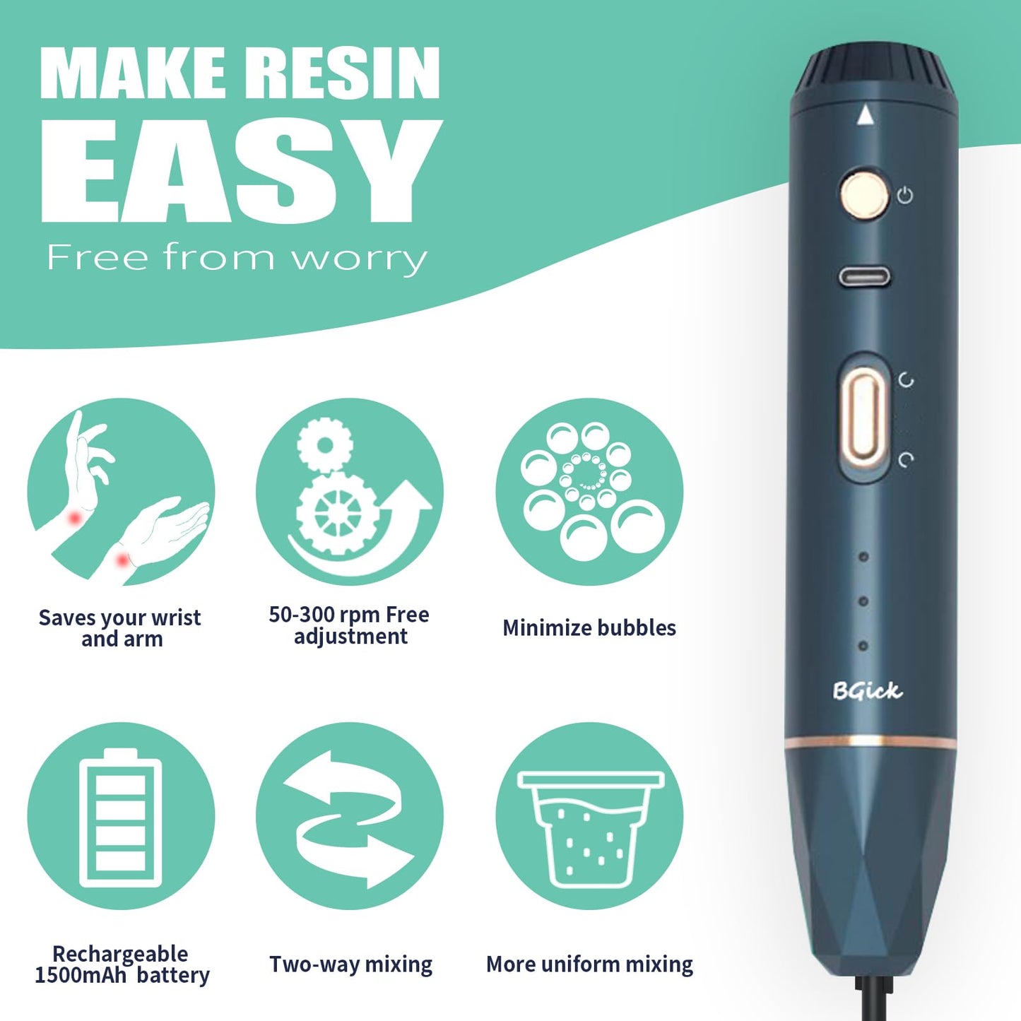 Upgraded Resin Mixer, Handheld Rechargeable Mixer with Minimizing Bubbles,Epoxy Resin Mixer for Resin, Silicone Mixing, Resin Molds, DIY Crafts (Included 4 pcs Paddles) (Blue)