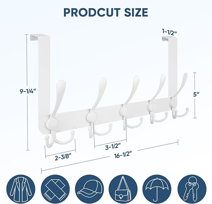 TICONN Over The Door Hooks, 5 Heavy Duty Tri Coat Rack All Metal Coat Hanger for Bathroom Bedroom Dorm (White, 2PK, Fit 1-3/8" Doors)