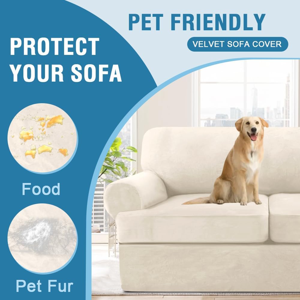 H.VERSAILTEX Sofa Cover 3 Piece Loveseat Slipcovers Thick Velvet Couch Cover Furniture Protector Stretch Sofa Covers for 2 Cushion Couch with 2 Individual T Cushion Covers Washable, Ivory