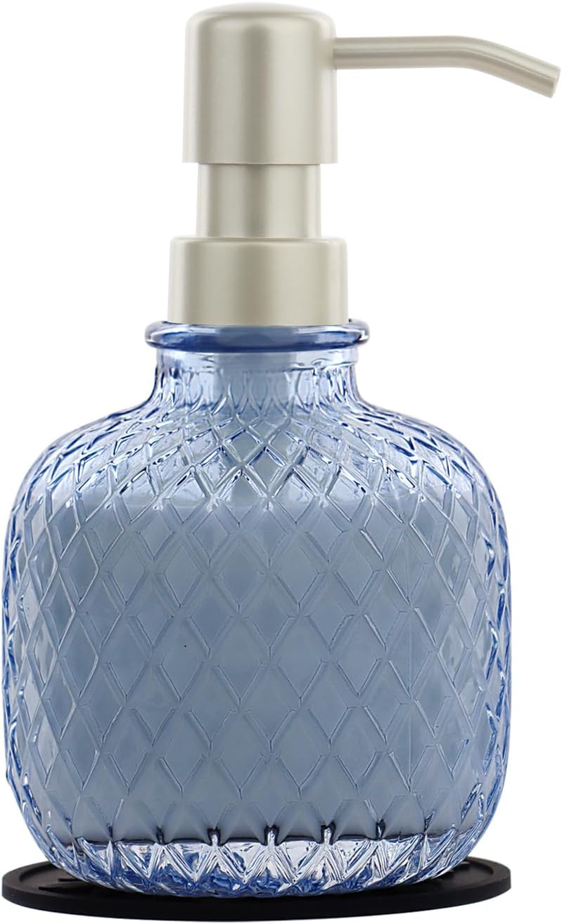 Soap Dispensers with Silicone Mat, for Kitchen and Bathroom Contertop Wash Hand Liquid, Dish Detergent, Farmhouse Style Shampoo Lotion Pump (1, Blue Glass with Champagne, 3-1/2" x 3-1/2" x 6-1/4")