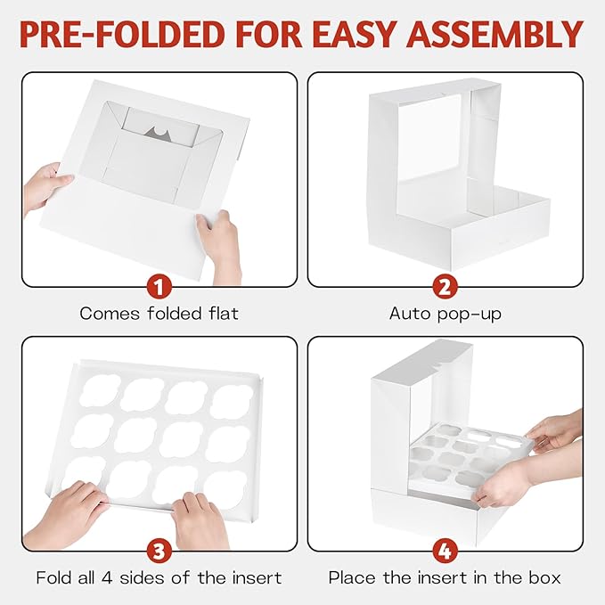 12 Count Cupcake Boxes, 4 Pack Auto-Popup White Cupcake Containers with Window and Inserts Cupcake Carrier with Holders to Fit Dozen Cupcakes and Muffins