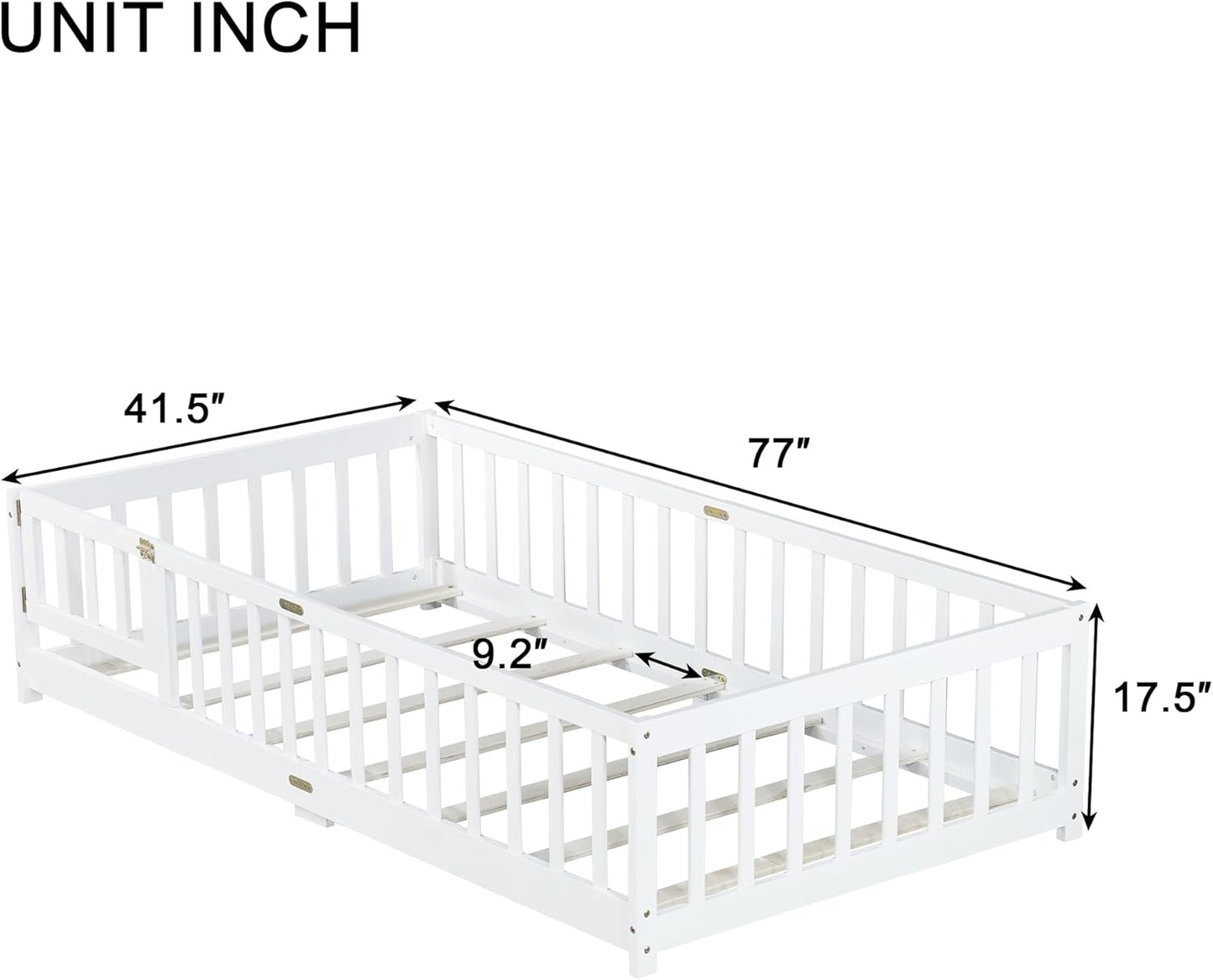 Twin Floor Bed Frame with Slats and Safety Guardrail, Wood Twin Size Montessori Floor Bed with Door and Fence, Easy Assemble Montessori Beds for Kids, Girls, Boys, White