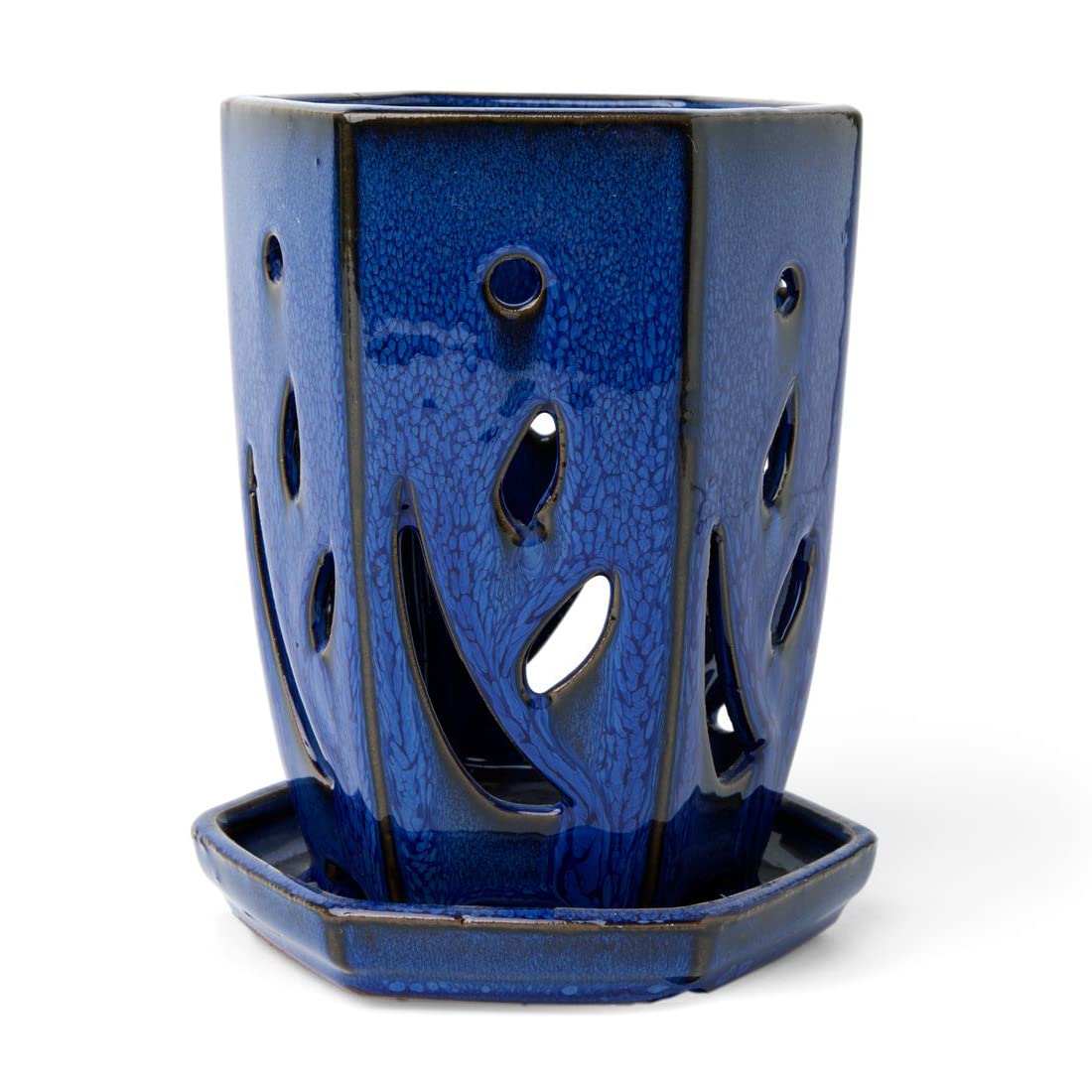 rePotme 4 x 6 inch Hexagon Ceramic Orchid Pot with Holes (Midnight Blue) - Ideal Plant Pot for Repotting Orchids and Other Flowers - Indoor/Outdoor