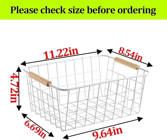 Metal Wire Food Storage Basket Organizer with Wooden Handles for Organizing Kitchen Cabinets, 2 Packs-White