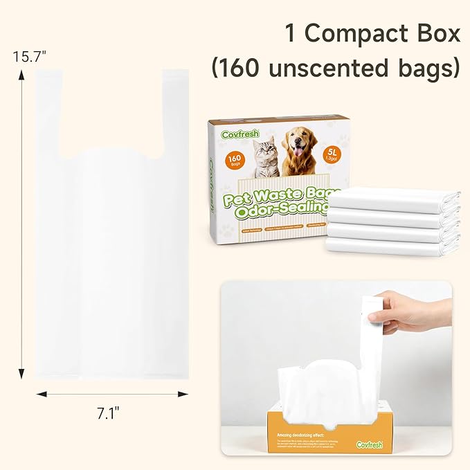 Odor-Sealing Dog Poop Bags with Handles 160 Count Pet Waste Bags, Large Capacity & Unscented Poop Bags for Dogs or Cat Litter, Conceals Smell & Mess (White)