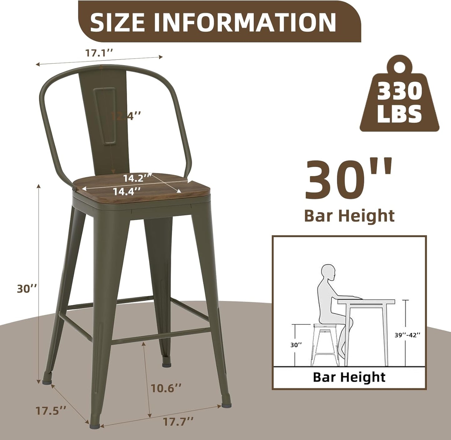 30” Swivel Bar Stools Set of 4, Counter Height Bar Stools Wooden Seat, Metal Industrial Bar Chairs with High Back for Kitchen Island (Rusty)