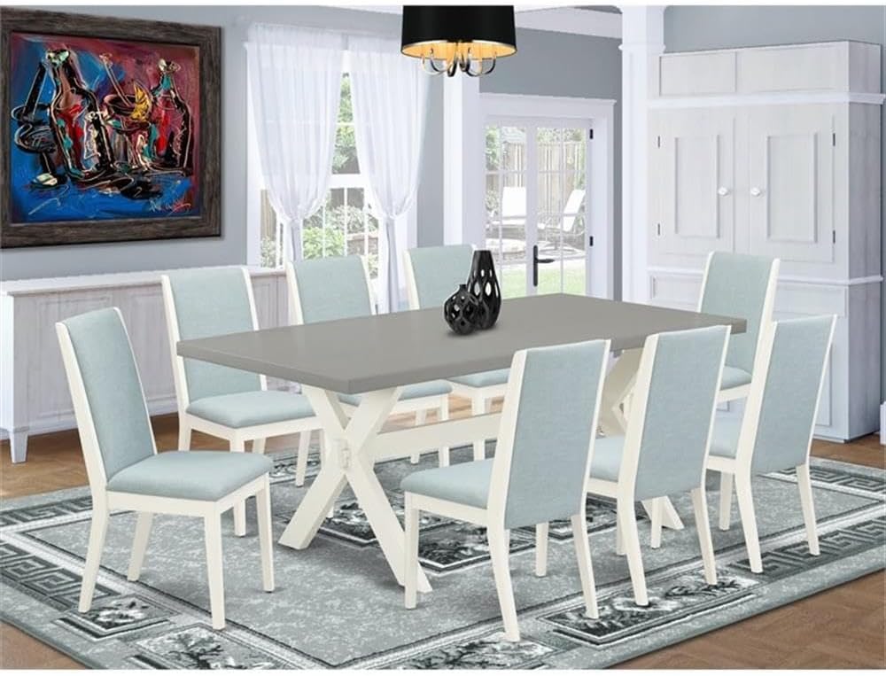 East West Furniture X097LA015-9 9 Piece Kitchen Table Set Includes a Rectangle Dining Table with X-Legs and 8 Baby Blue Linen Fabric Parsons Dining Chairs, 40x72 Inch, Multi-Color