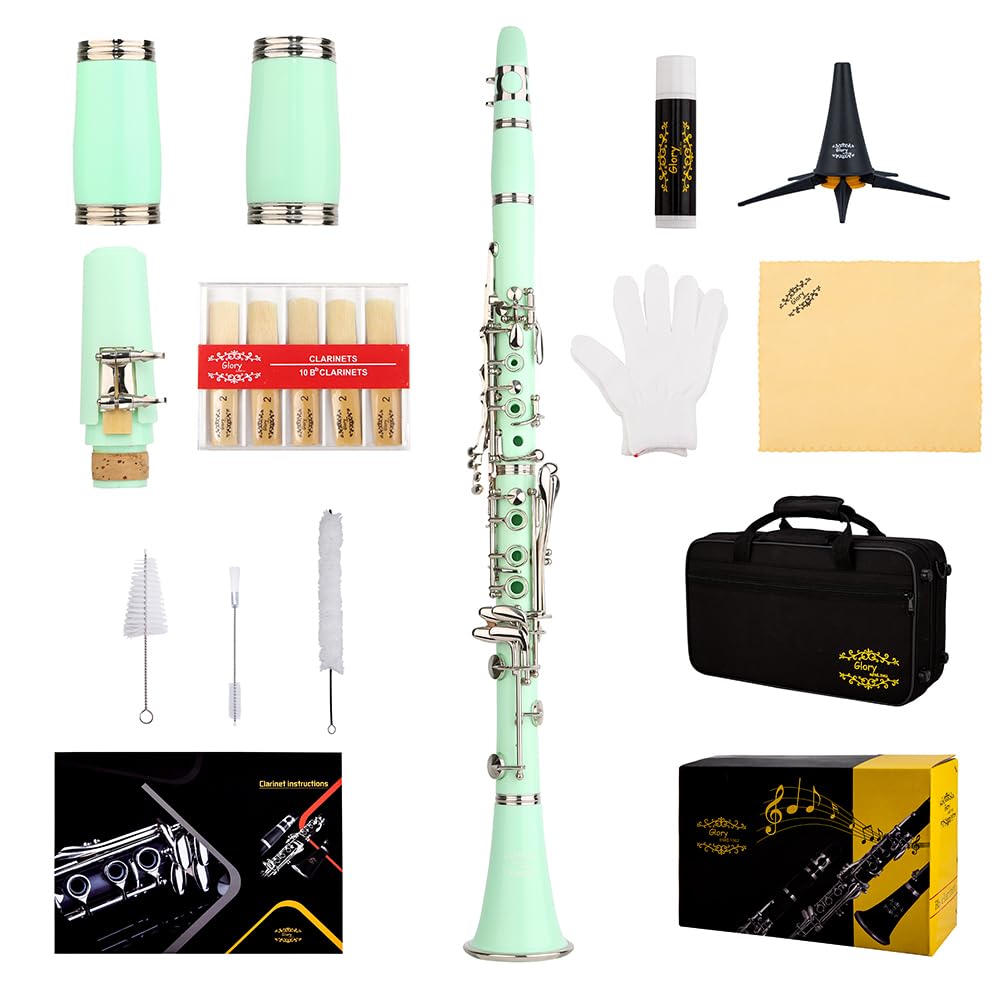 Glory GLY-CLAGN Professional Ebonite Bb Clarinet with 10 Reeds, Stand, Hard Case, Cleaning Cloth, Mouthpiece Brush and Pad Brush