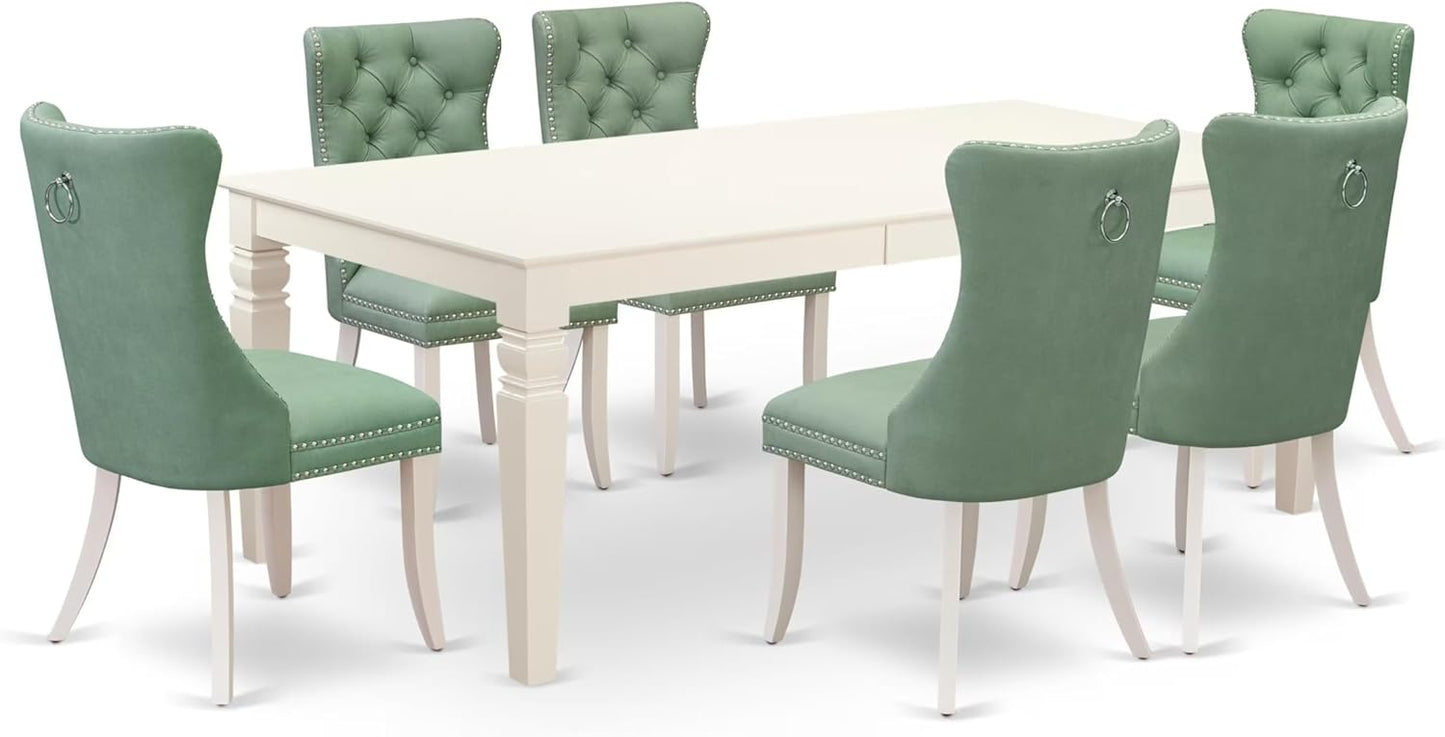 East West Furniture LGDA7-LWH-22 7 Piece Dining Table Set Contains a Rectangle Kitchen Table with Butterfly Leaf and 6 Polyester Fabric Chairs, linen white