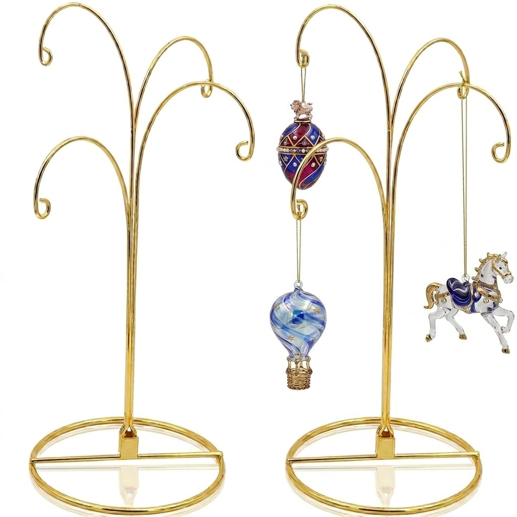 HOHIYA Ornament Display Stand 12 Inch 4-Arm Metal Holder for Christmas Ornaments Glass and Crystal Ball Decorations Art Craft Hanging Hanger Brass Gold 2 Pack