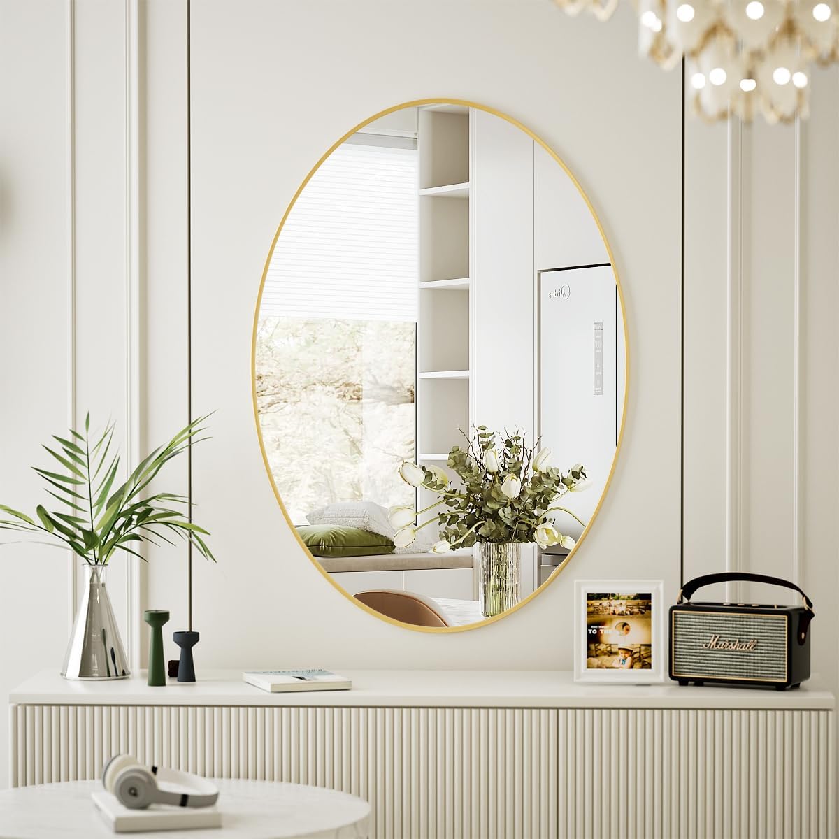 Koonmi Gold Oval Bathroom Mirror, 24"x36" Bathroom Vanity Mirror, Oval Mirror for Bedroom Living Room Entryway, Hangs Horizontal or Vertical