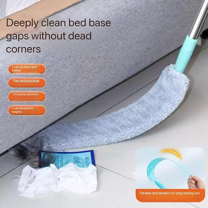 Flat Duster with Extension Pole, Bendable Microfiber Head for Under Appliances & Ceiling Fans - Flexible Long Reach Duster for Hard to Reach Areas, Furniture, Vents & Cobwebs