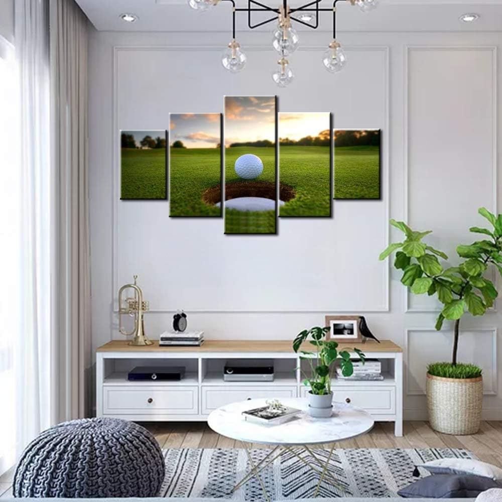 5 Piece Canvas Wall Art for Living Room Golf Course Pictures White Golf Ball Paintings Green Lawn Scenery Artwork Gallery-Wrapped Modern Home Decor Framed Ready to Hang Posters and Prints(60''Wx32''H)
