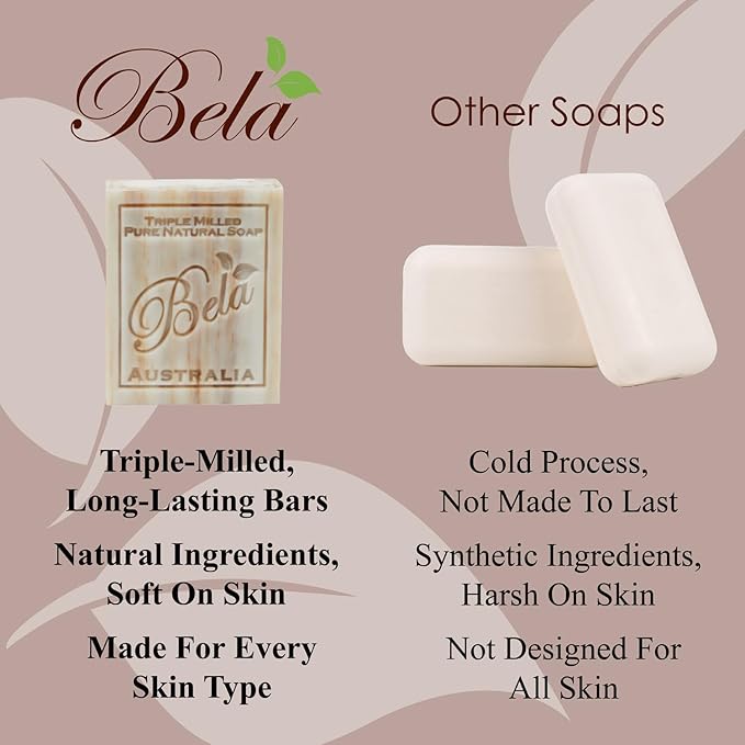 BELA Almond Soap 3.3 oz Pack of 6, French Triple Milled with Organic Shea Butter, Hand Face and Body Wash Bar Made in Australia
