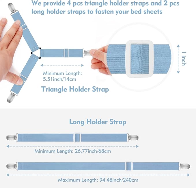 Bed Sheet Holder Straps, 4+2 Pcs Adjustable Mattress Sheet Clips, Bed Sheet Fasteners Elastic Sheet Suspenders to Keep Bed Sheet in Place for Different Beds (Blue)