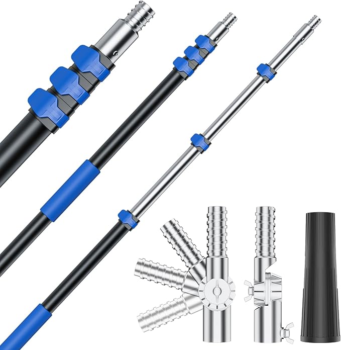 Telescoping Pole, 4-12 Ft with Joint Angle & Squeegee Adaptor, Aluminum Telescopic Paint Roller Extension Pole & Extendable Pole, Anti-Slip Foam Grip, Multi-Purpose Gutter Window Dust Cleaning Pole
