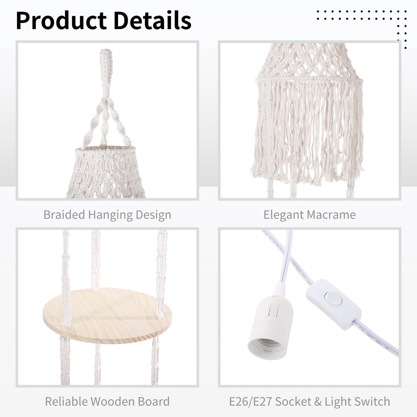 3-Tier Macrame Lampshade & Plant Hanger, Bohemian Hanging Lamp Plant Shelf, Plug-in Pendant Light Hanging Rope Shelf, Floating Round Flower Pot Holder, Bohemian Home Decor (Not Included Lamp)
