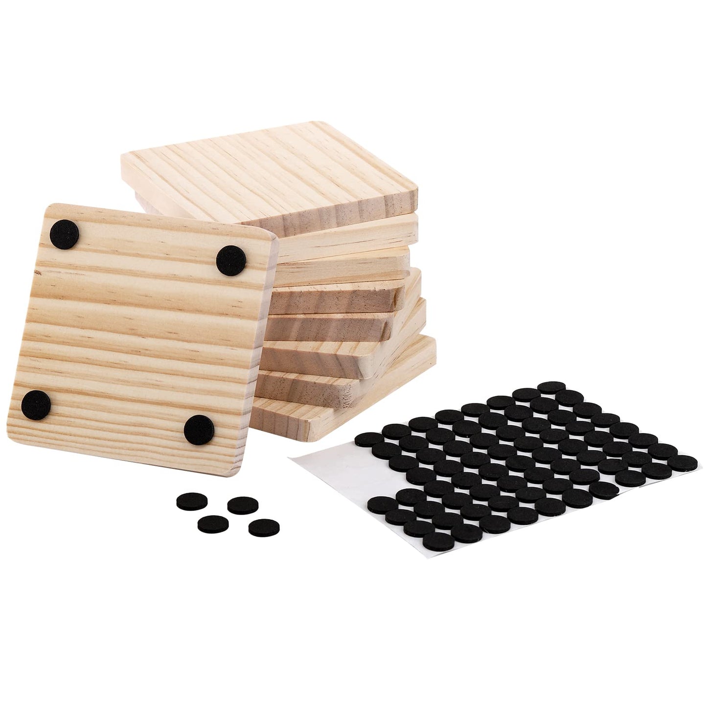 Dicunoy 20 Pack Unfinished Wood Coasters, 4" Blank Wooden Coasters for Craft, Square Coasters with Non-Slip Pads for DIY Supplies, Laser Engraving, Stained Painting, Drawing, Home Decor