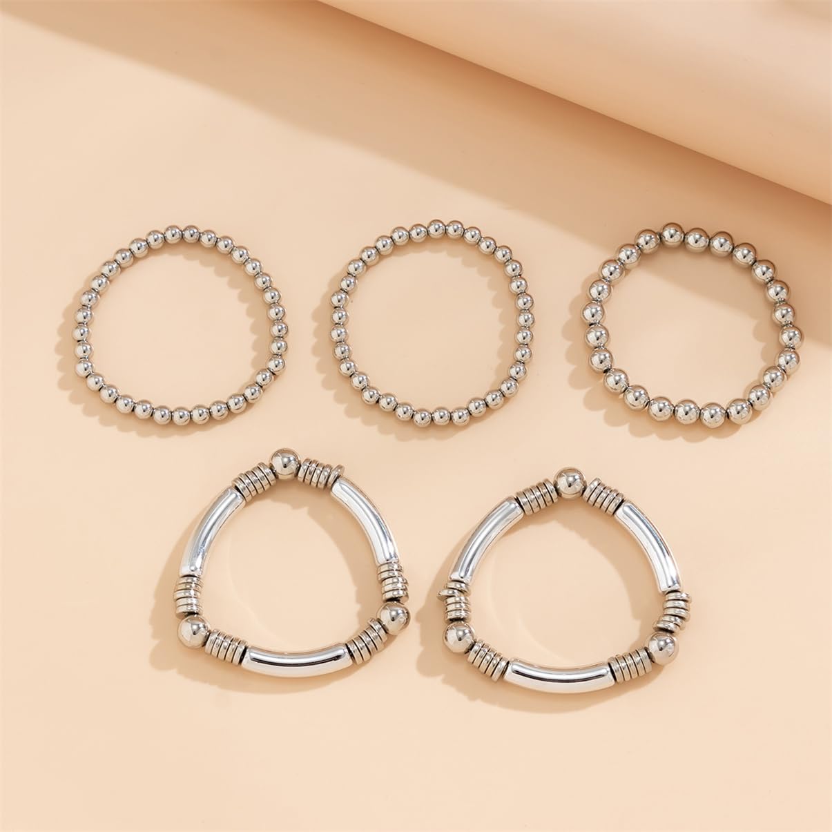 LXSSLY 5Pcs Silver Bangles Bracelets Set for Women,14K Gold Plated Stackable Bead Ball Bracelets Set,Adjustable Bead Bracelets,Boho Stretch Bead Ball Bracelet for Women