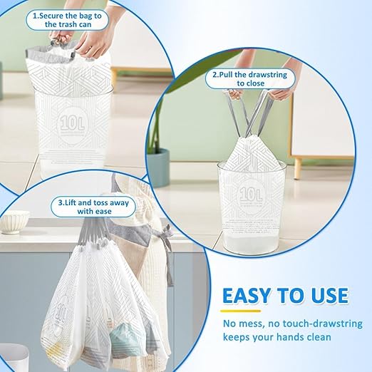 OKKEAI 2.6 Gallon Bathroom Small Trash Bags, White Drawstring Garbage Bags – 90 Count Tear-Free, Heavy Duty Printed Liners, Leak-Proof White Trash Bag for Kitchen, Office, Multipurpose Use
