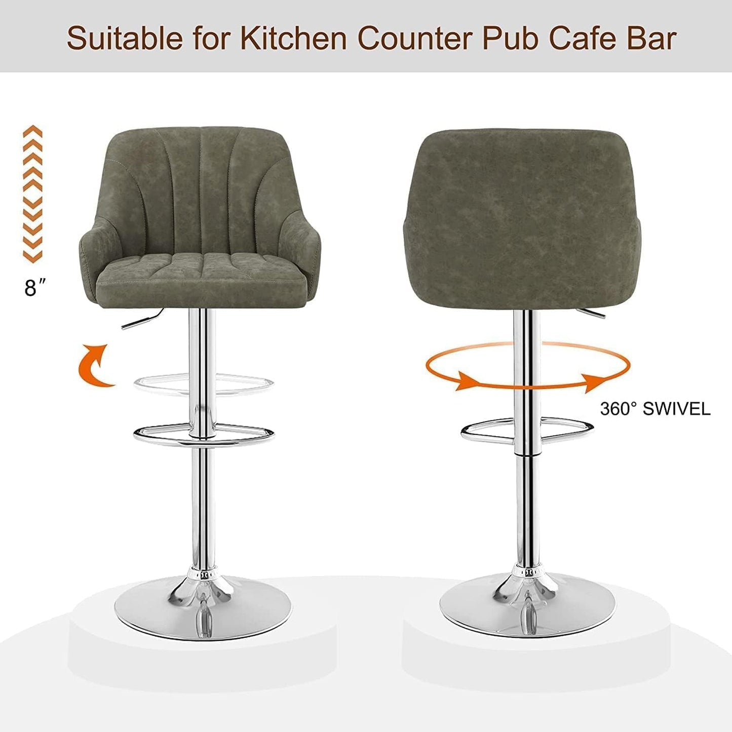 VECELO Bar Stools Set of 2, Adjustable Barstools, Counter Height Stools with Back and Arm, Kitchen Island Stools, Swivel PU Leather Chairs for Pub, Dining Room, Modern Style, Dark Grey