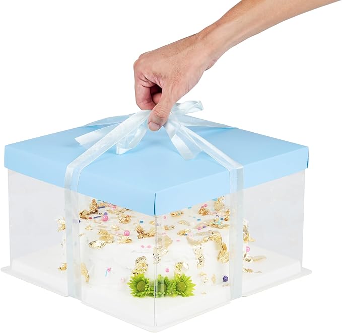 Restaurantware-Sweet Vision 10 Inch x 8.25 Inch Transparent Cake Boxes, 10 Grease Resistant Base Clear Cake Boxes - Blue Lid, Blue Ribbon, Plastic Birthday Box, For Weddings Or Birthdays