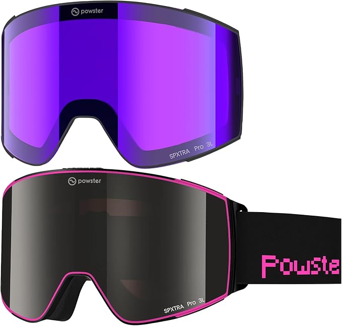Powster Ski Goggles Snow OTG Snowboard Goggles Magnetic Interchangeable Lens Frameless UV Protection Anti-fog mobile Skating