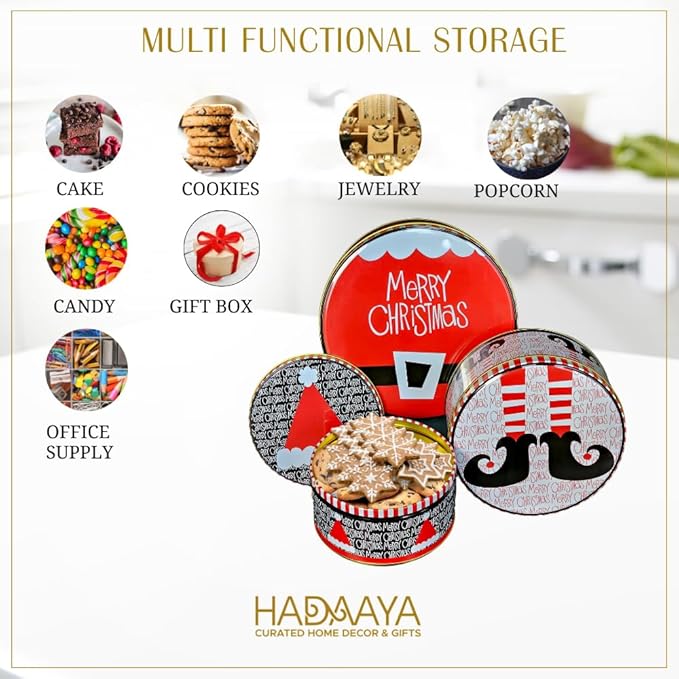 Pack of 6 Round Christmas Cookie Tins with Lids for Gift Giving, Metal Holiday Storage Container, Merry Christmas HAT ELF Design, Perfect Christmas Tins for Gifting