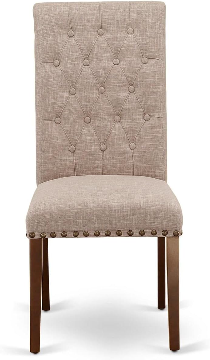 East West Furniture BRP3T04 Bremond Parson Dining Room Chairs - Button Tufted Nailhead Trim Light Tan Linen Fabric Padded Chairs, Set of 2, Mahogany